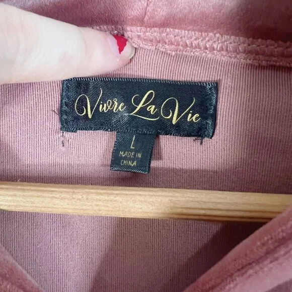 NWT Vivre La Vie Velour Tracksuit Sweatshirt Sweatpants Blush Dusty Rose Size L - Picture 7 of 9